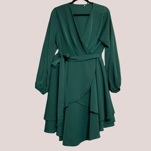 Amoretu • Green Faux Wrap Long Sleeve Casual V Neck Ruffle Mini Dress • Sz Large